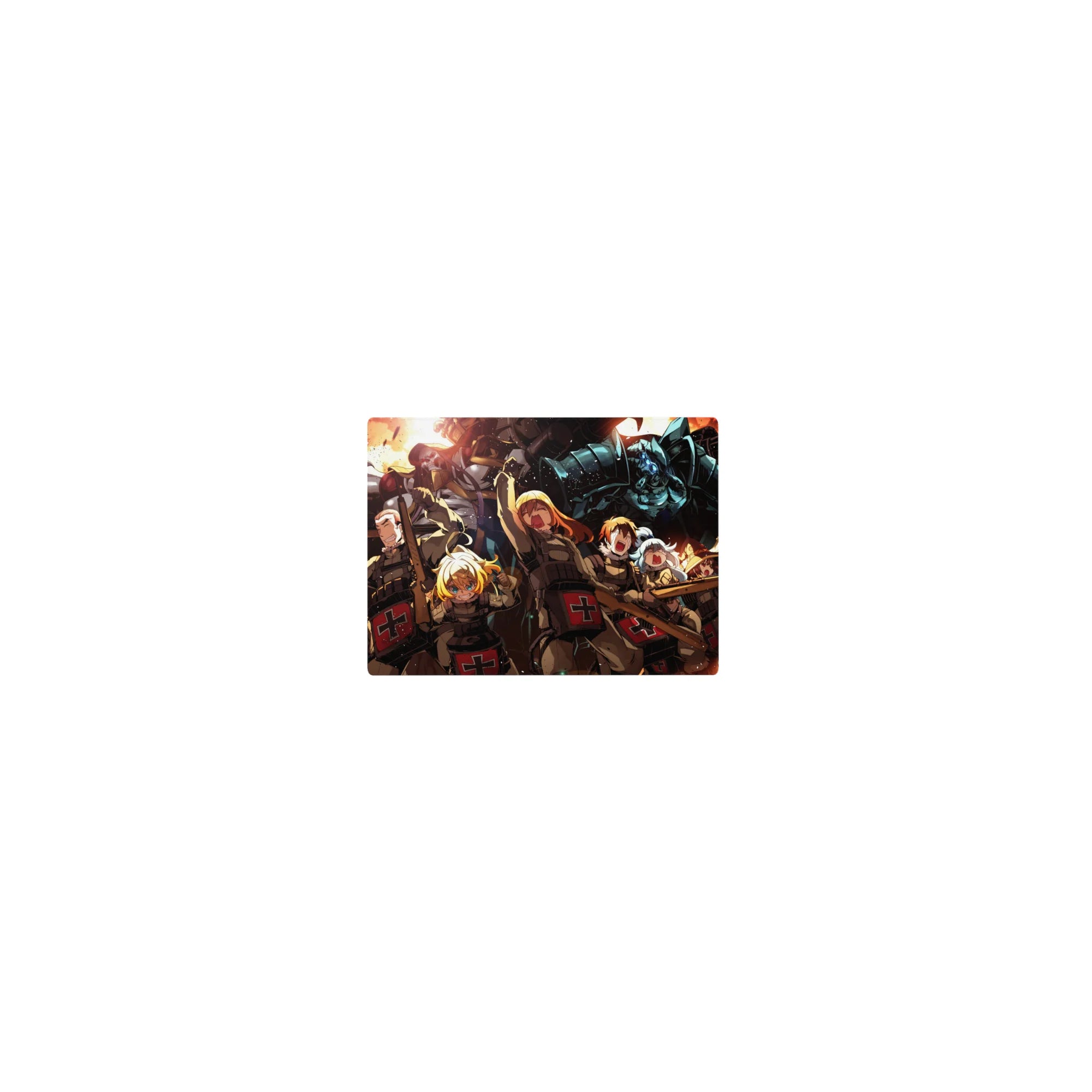 Classic anime mouse pad 14x10 inches with battle squad charge, medic crosses, and towering blue armored titan.