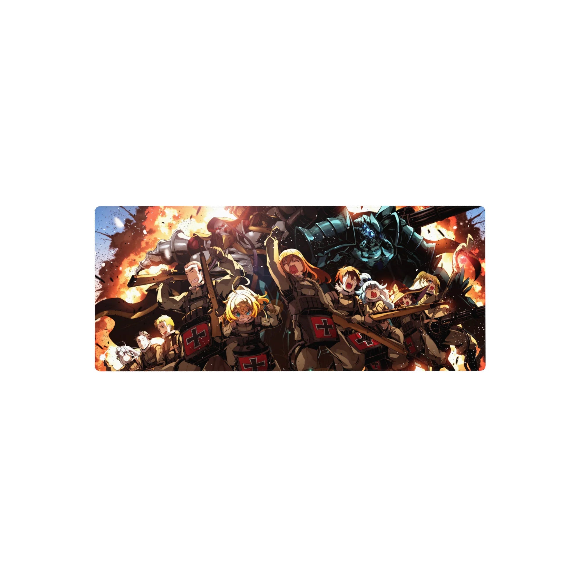 28x12 inches anime mouse pad with squad charging through explosions and a towering icy blue armored figure.