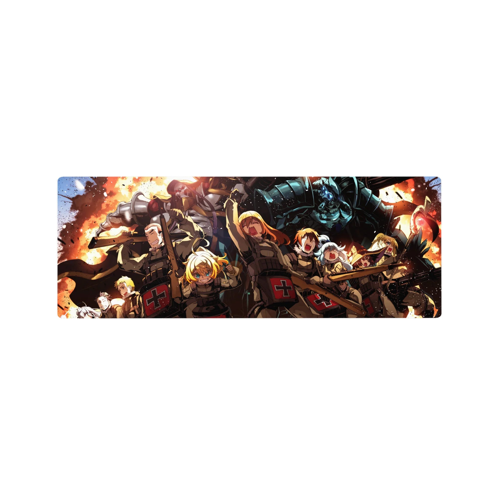 32x12 inches anime mouse pad with charging squad, explosions, red medic crosses, and icy blue armored titan.