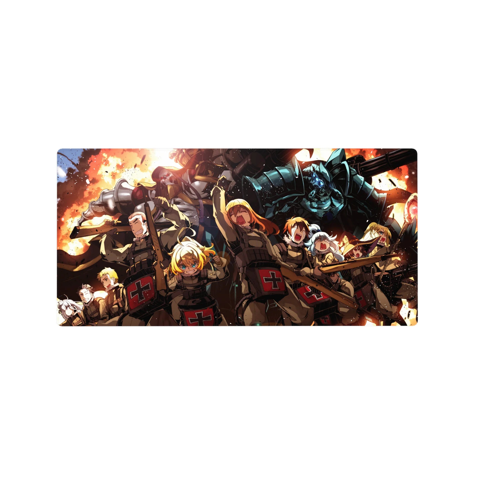32x16 inches anime mouse pad with battlefield squad charge, explosions, medic cross uniforms, and blue armored titan.