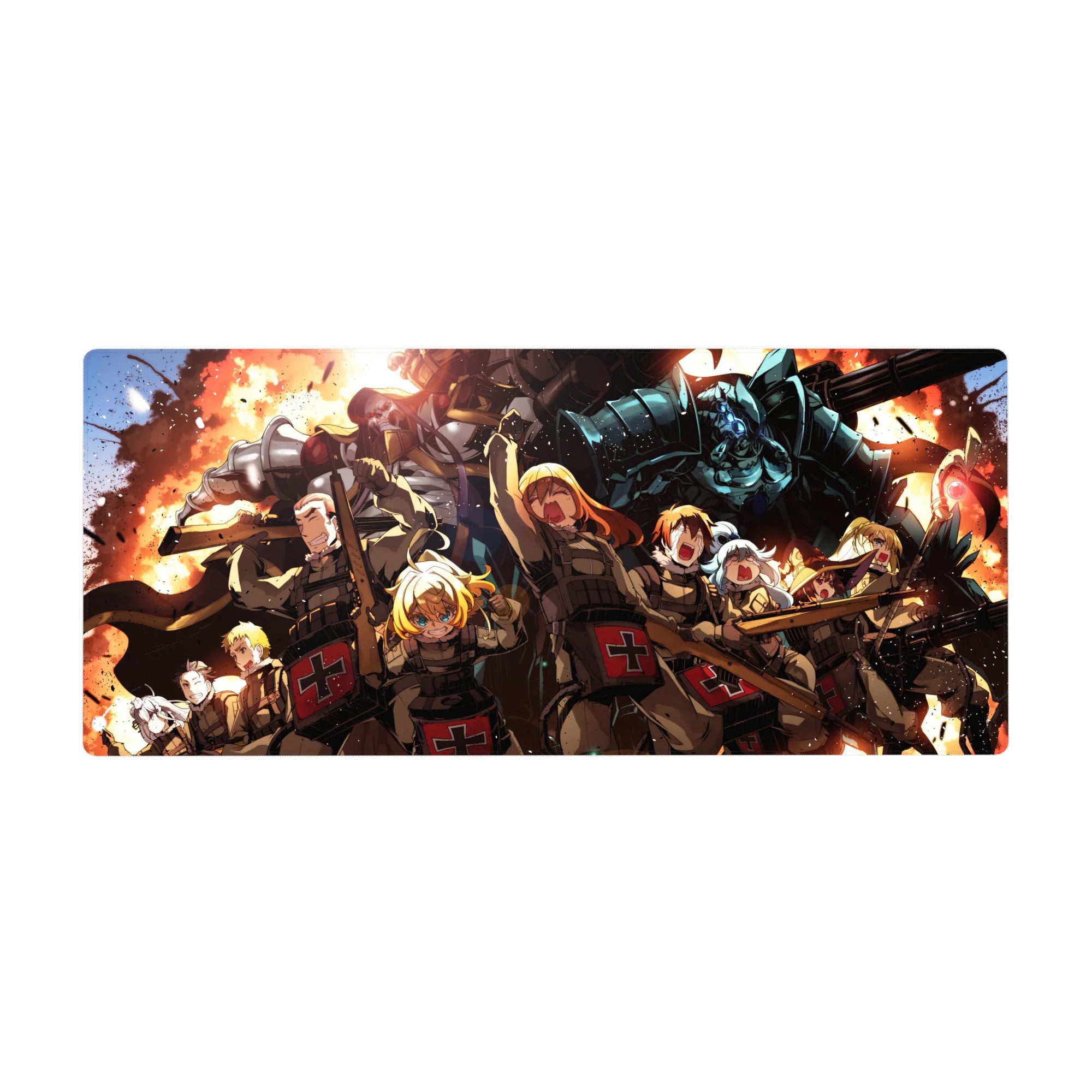 36x16 inches anime desk pad with squad charging through explosions, medic crosses, and a blue armored titan.