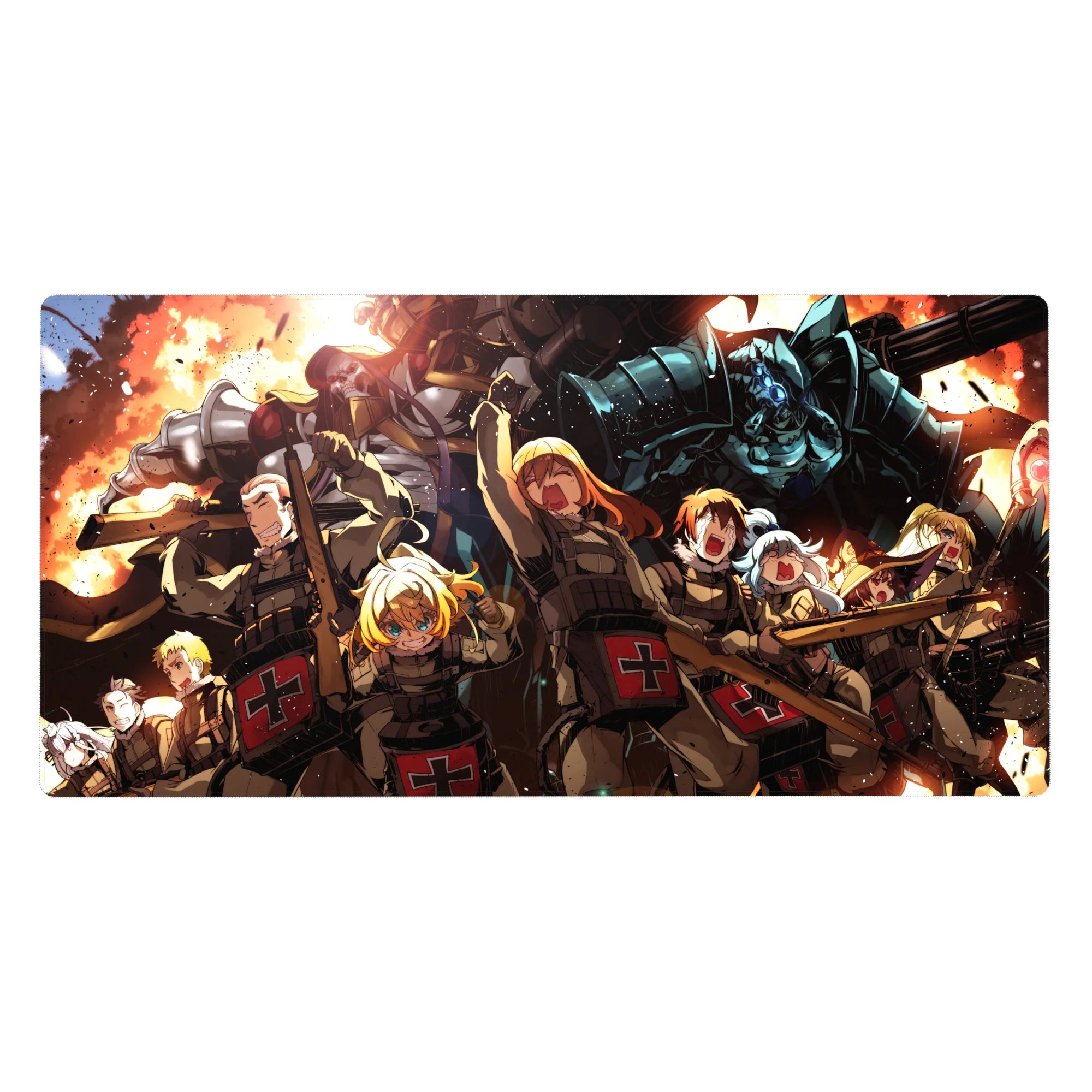40x20 inches anime desk pad with battlefield explosions, charging squad, red medic crosses, and blue armored giant.