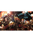 40x20 inches anime desk pad with battlefield explosions, charging squad, red medic crosses, and blue armored giant.