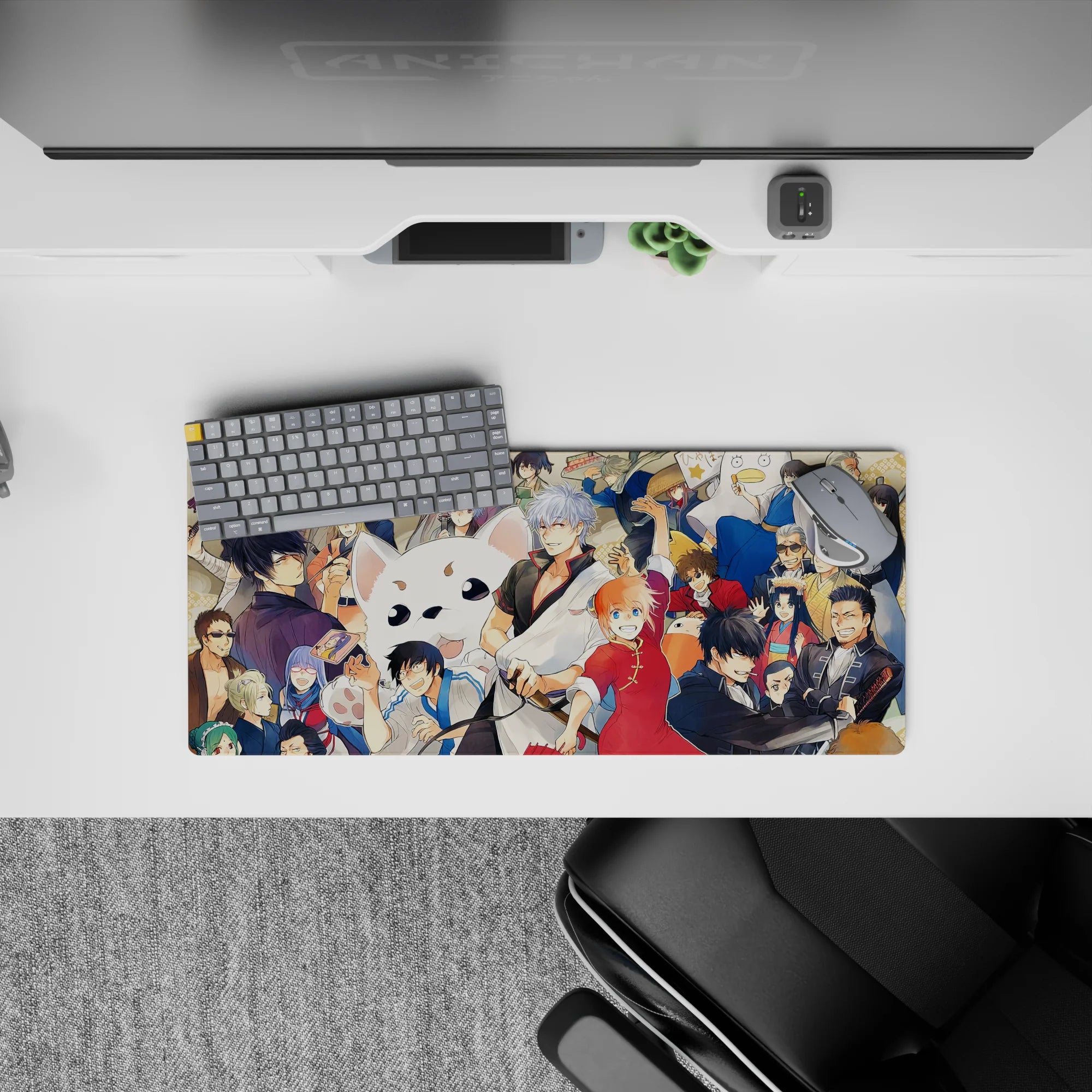 28x12 inches anime mouse pad in bright reds and warm creams with slick blacks and blues, hype vibe.