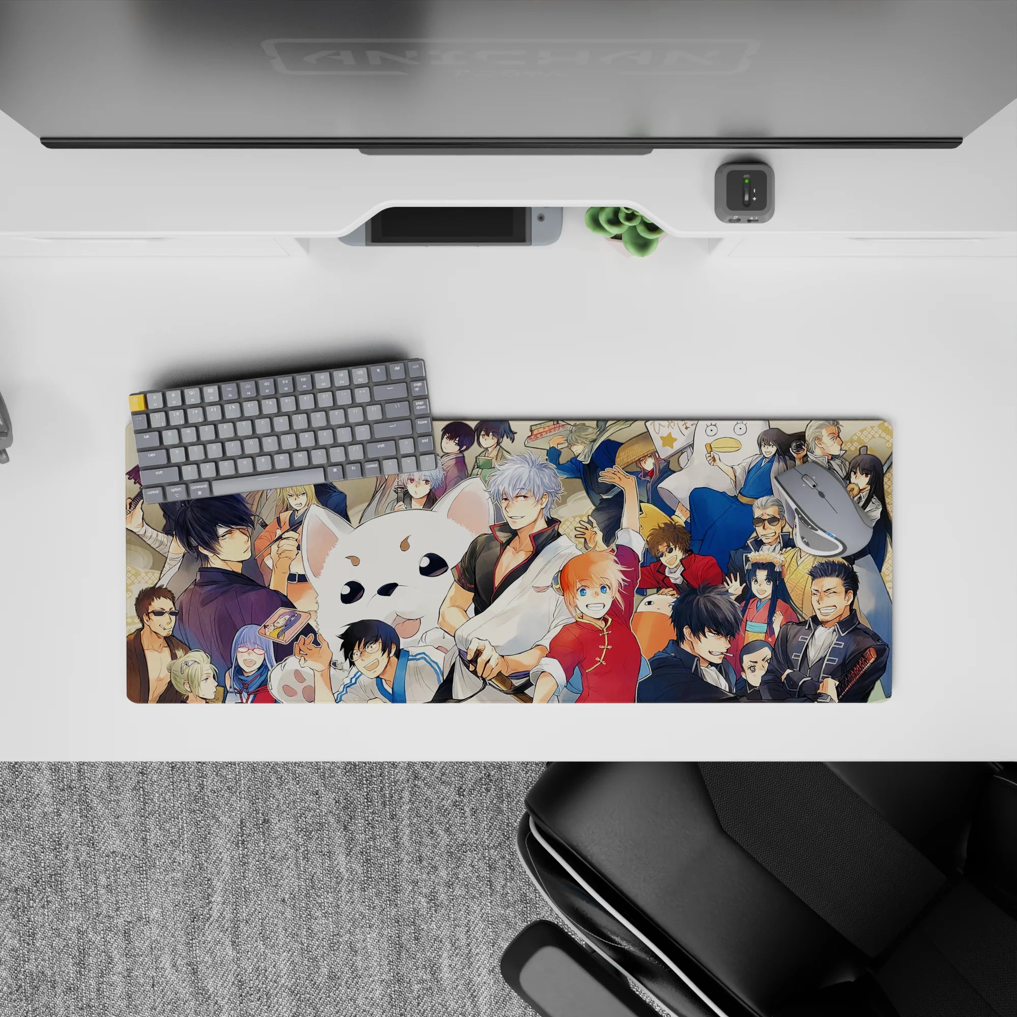 32x12 inches anime mouse pad in bright reds and warm creams with deep black-blue swaggering vibe.