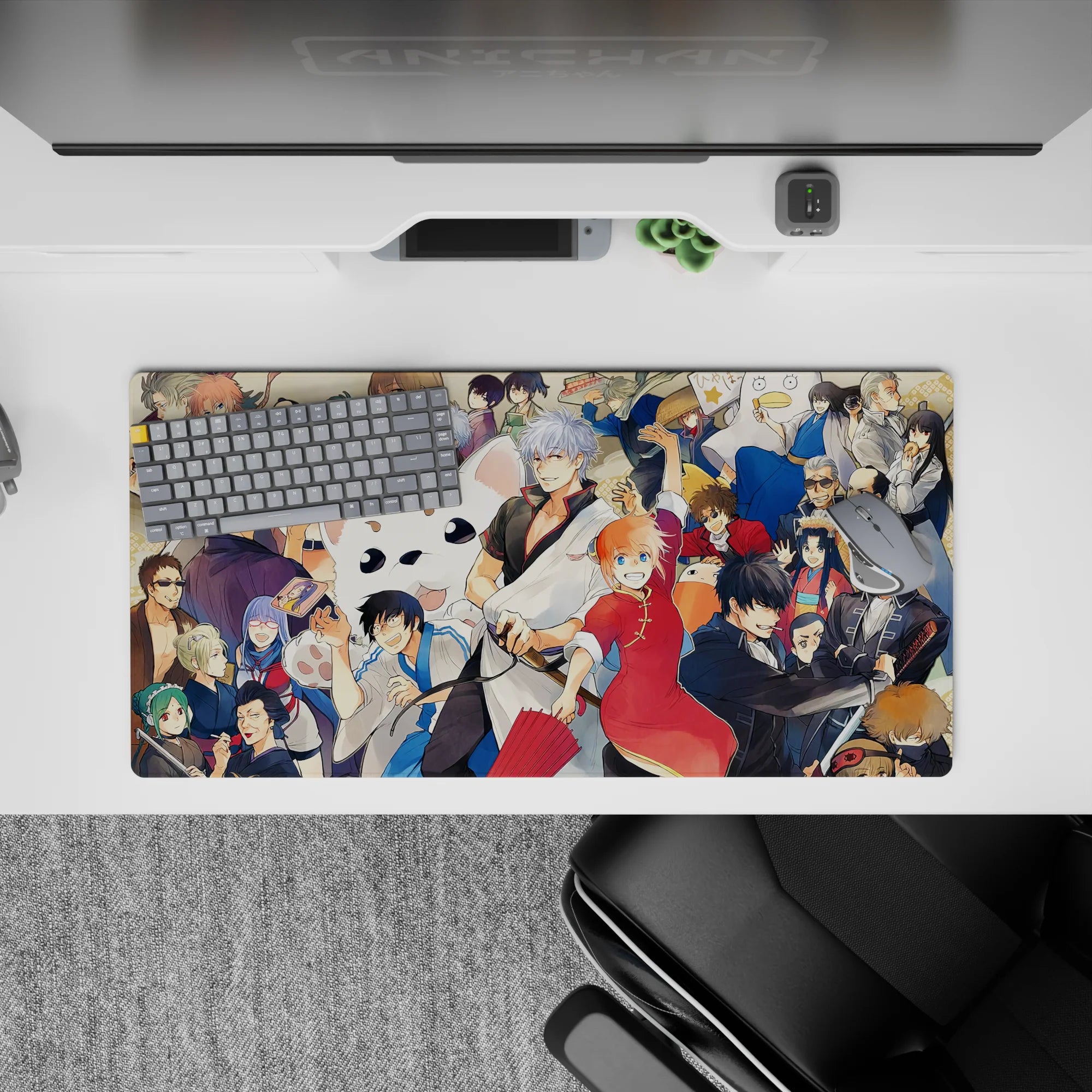 32x16 inches anime mouse pad in bright reds and warm creams with slick blacks and blues, high-energy vibe.