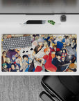 32x16 inches anime mouse pad in bright reds and warm creams with slick blacks and blues, high-energy vibe.