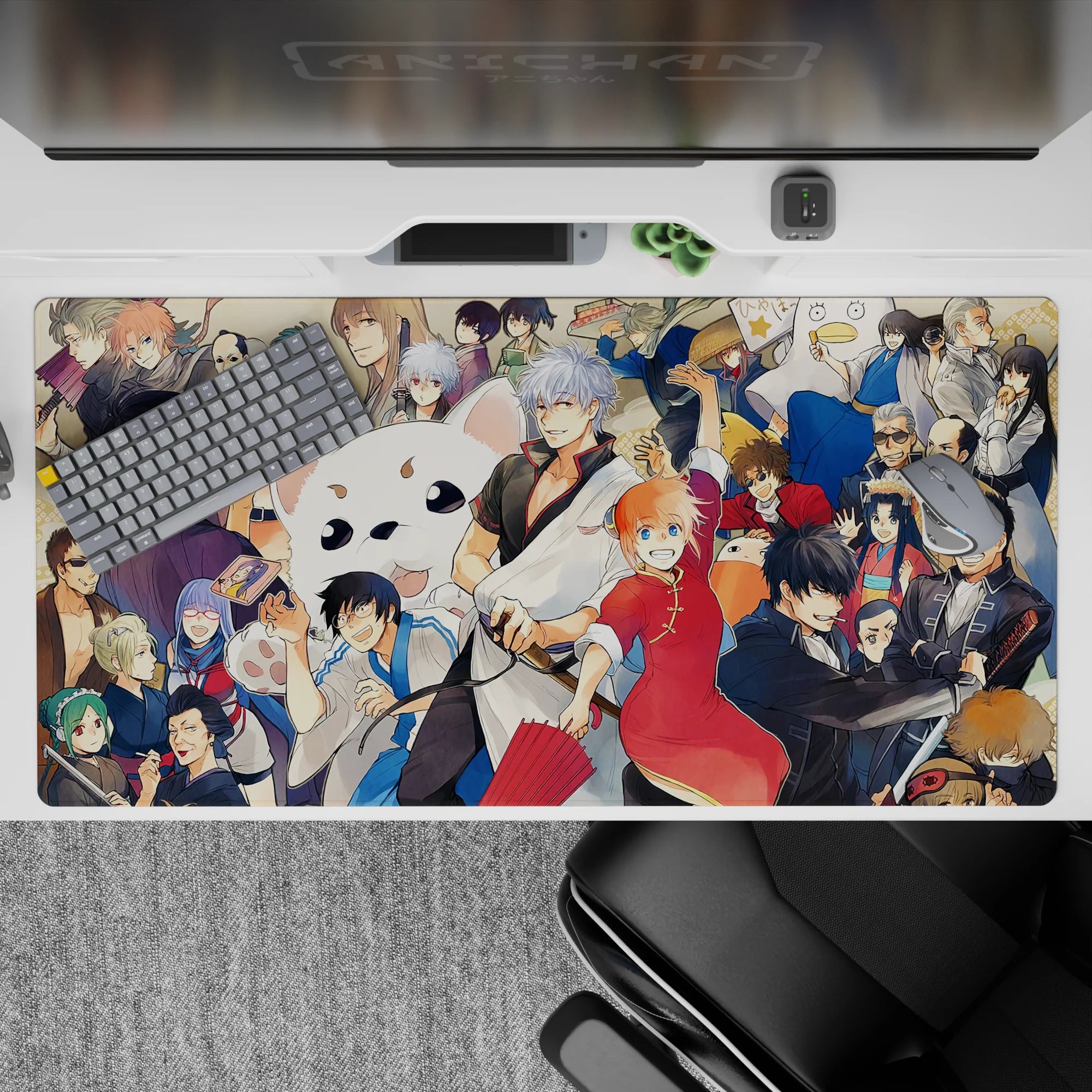 40x20 inches anime desk pad in bright reds and warm creams with deep blacks and blues, loud party vibe.