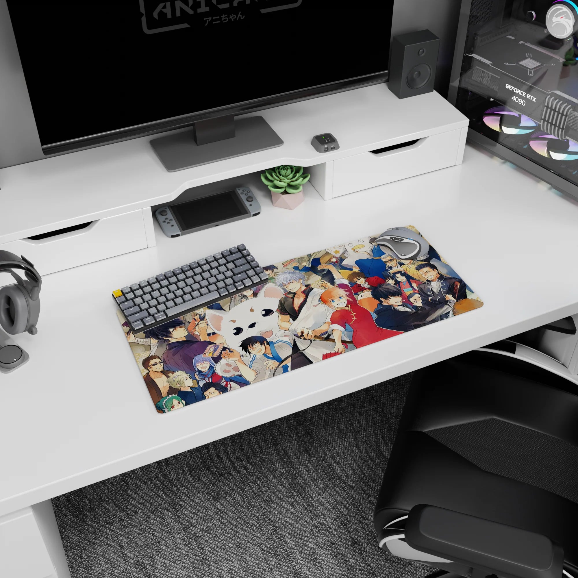 28x12 inches anime mouse pad featuring silver-haired hero grinning and cheongsam girl with fan in action.
