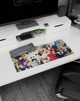 28x12 inches anime mouse pad featuring silver-haired hero grinning and cheongsam girl with fan in action.