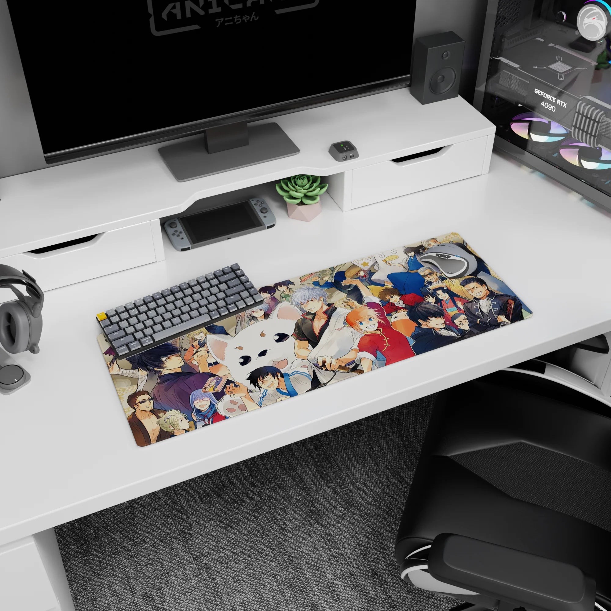 32x12 inches anime mouse pad featuring silver-haired hero grinning and red cheongsam girl with fan.