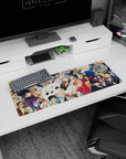 32x12 inches anime mouse pad featuring silver-haired hero grinning and red cheongsam girl with fan.