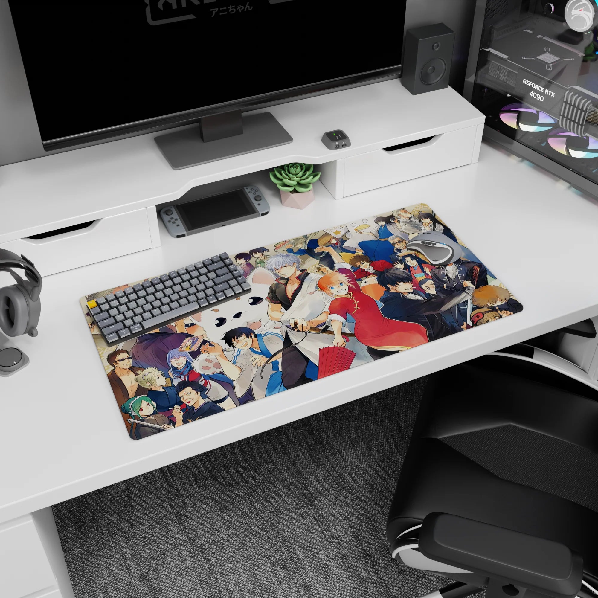 32x16 inches anime mouse pad featuring a silver-haired hero grinning with a red cheongsam girl and fan.