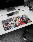 32x16 inches anime mouse pad featuring a silver-haired hero grinning with a red cheongsam girl and fan.