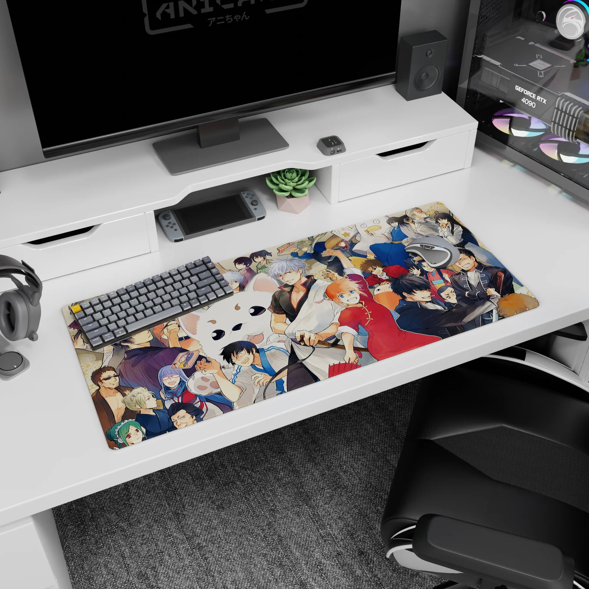36x16 inches anime desk pad with silver-haired hero grinning as red cheongsam girl swings a fan.