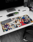 36x16 inches anime desk pad with silver-haired hero grinning as red cheongsam girl swings a fan.