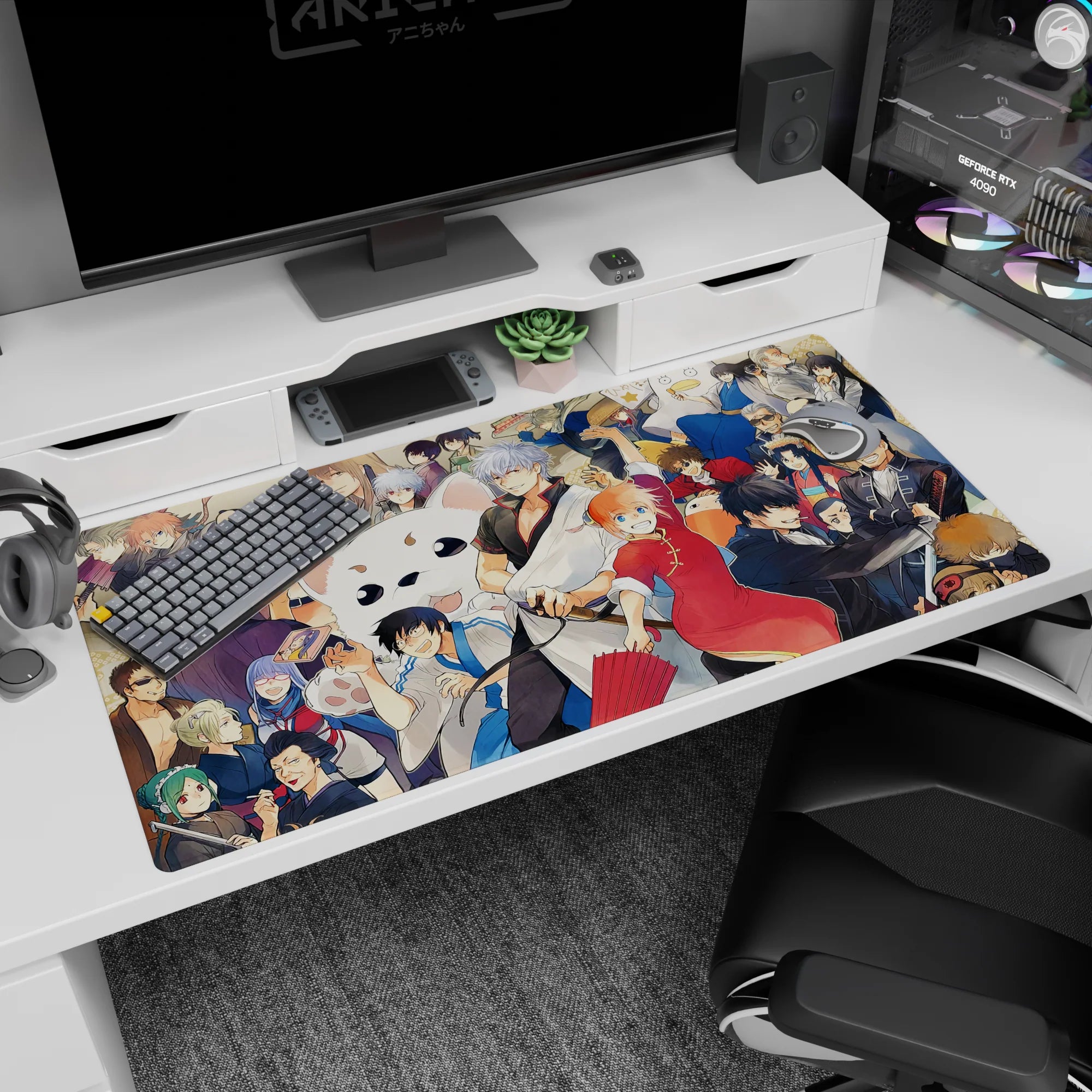 40x20 inches anime desk pad featuring a silver-haired hero and red cheongsam girl with fan at center.