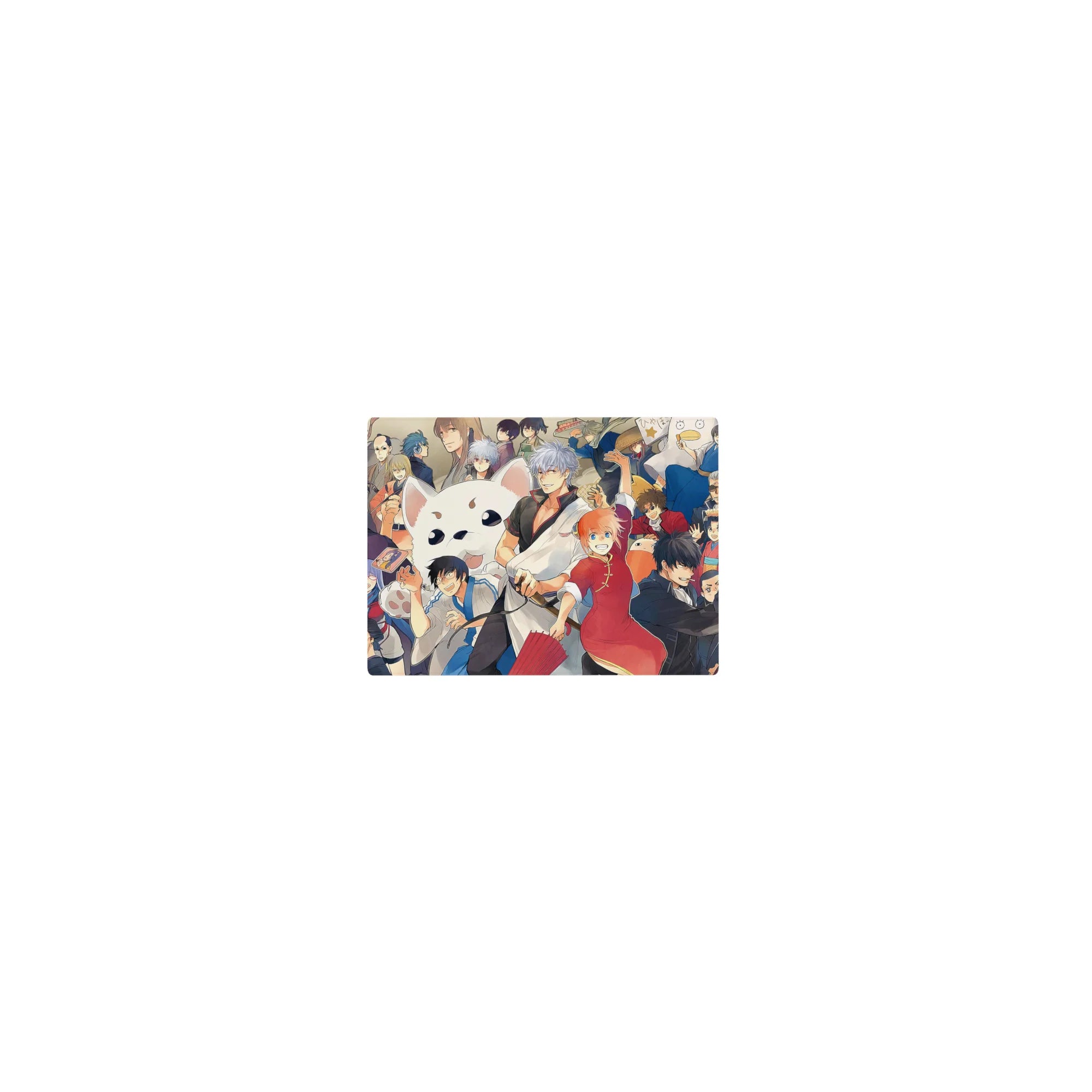 Classic anime mouse pad 14x10 inches with party crowd in suits and kimonos around a fluffy mascot face.