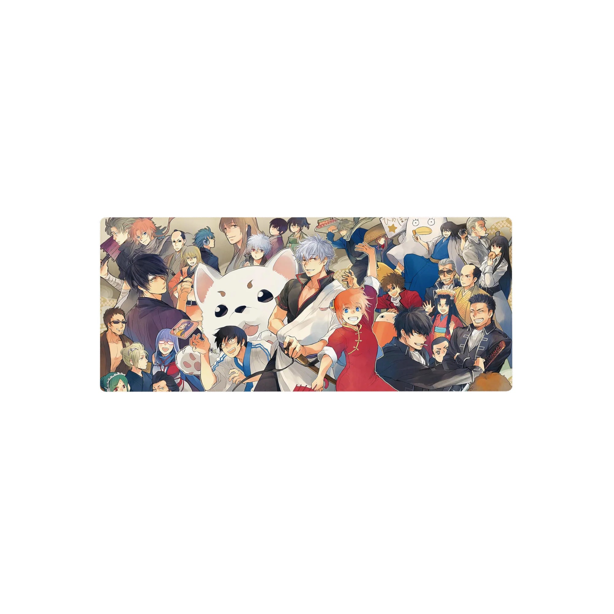 28x12 inches anime mouse pad with party print, sharp suits, kimono layers, and fluffy mascot face.