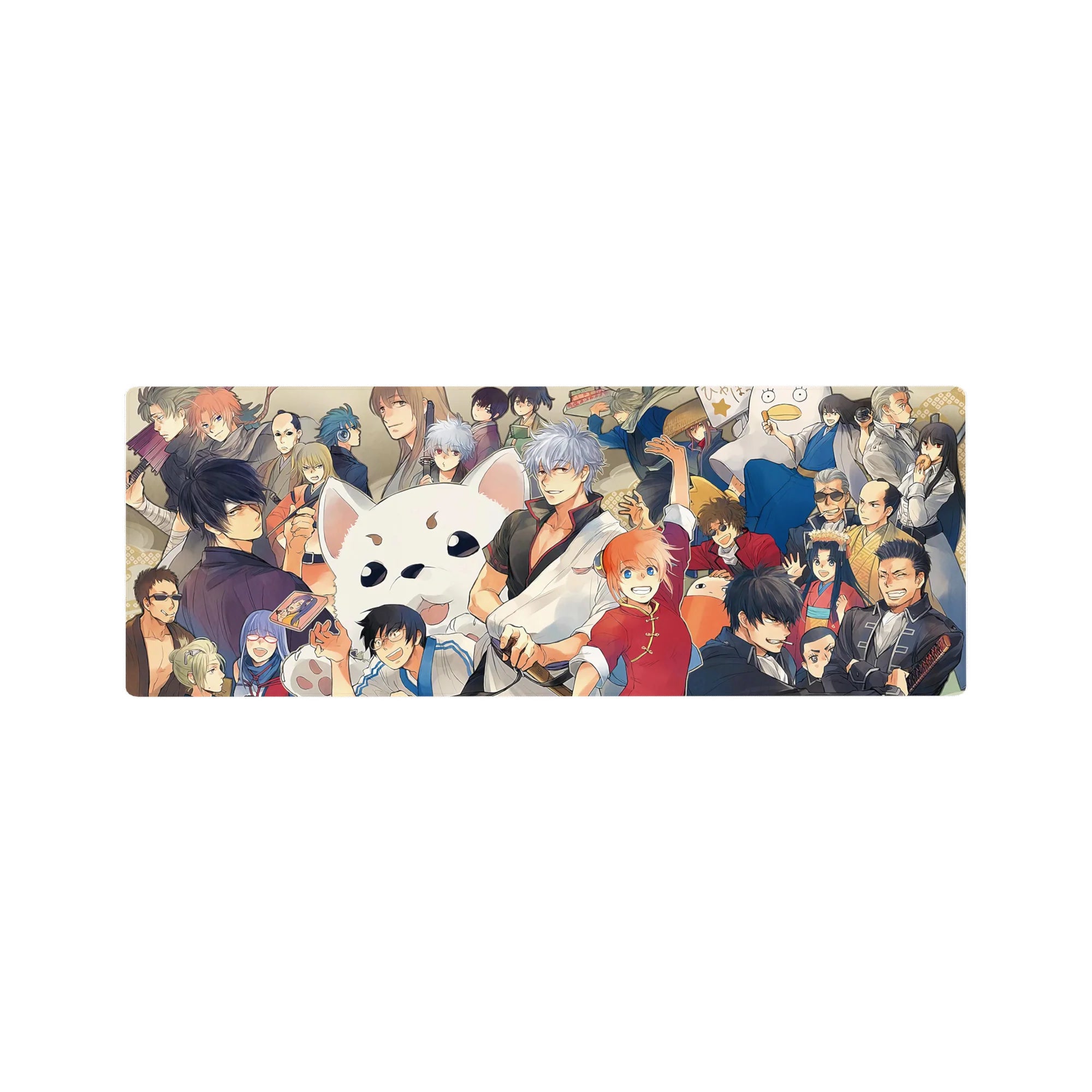 32x12 inches anime mouse pad with party print of sharp suits, kimono layers, and fluffy mascot face.