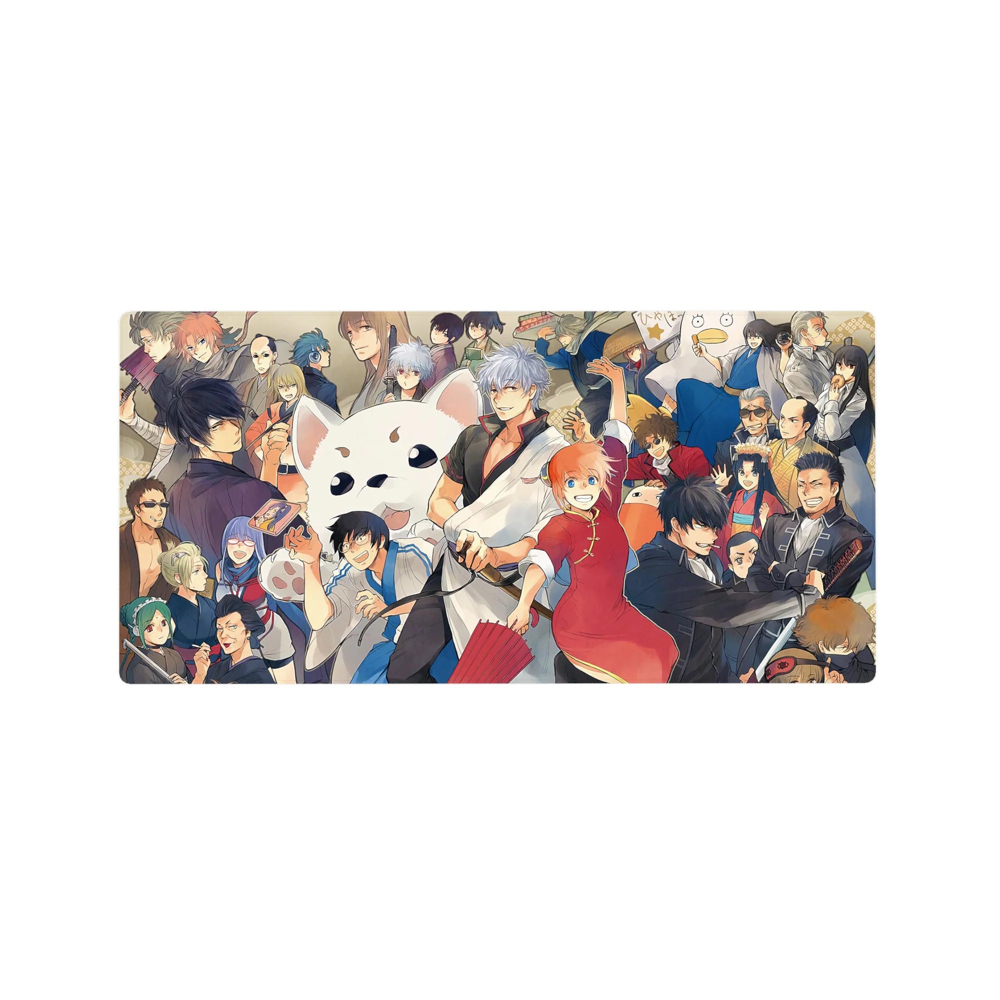 32x16 inches anime mouse pad with party print of sharp suits, kimono layers, and fluffy mascot face.