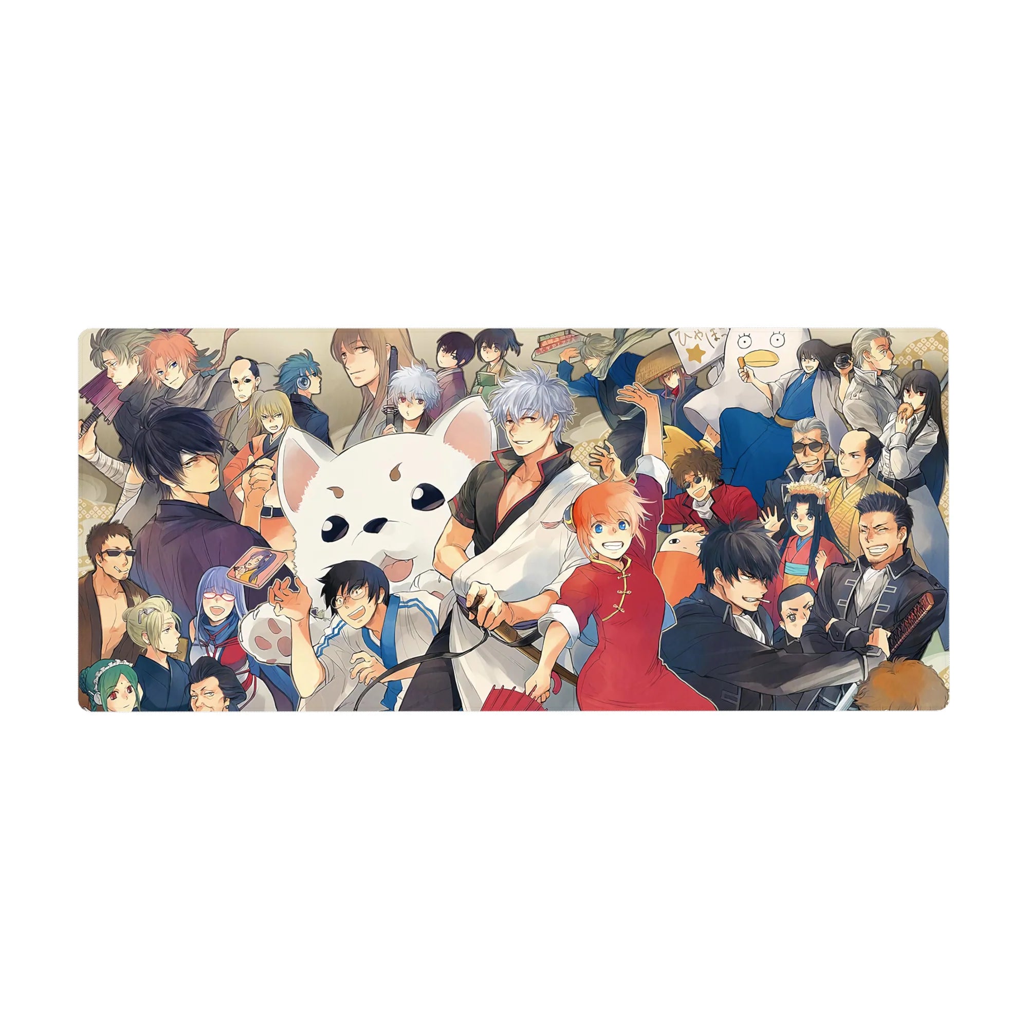 36x16 inches anime desk pad with party crowd, sharp suits, kimono layers, and fluffy mascot face.