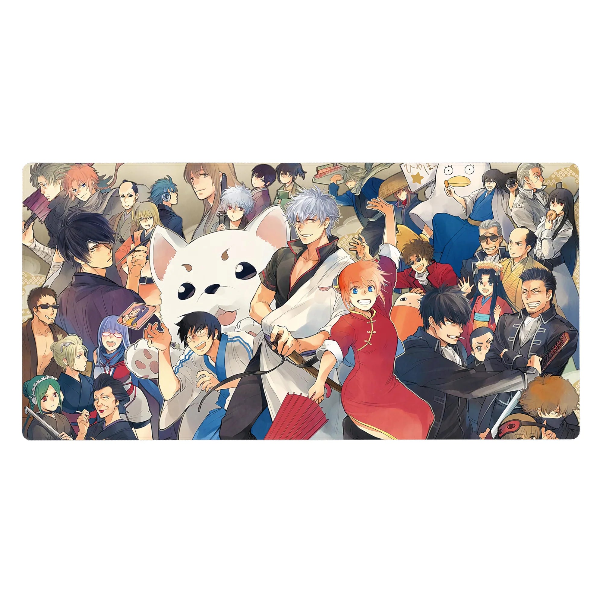 40x20 inches anime desk pad with party crowd, sharp suits, kimono layers, and fluffy white mascot face.