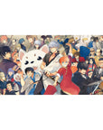 40x20 inches anime desk pad with party crowd, sharp suits, kimono layers, and fluffy white mascot face.