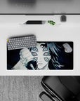 Anime mouse pad 28x12 inches featuring Upper Moon One, Kokushibo from Demon Slayer in monochrome, blade drawn, six eyes.