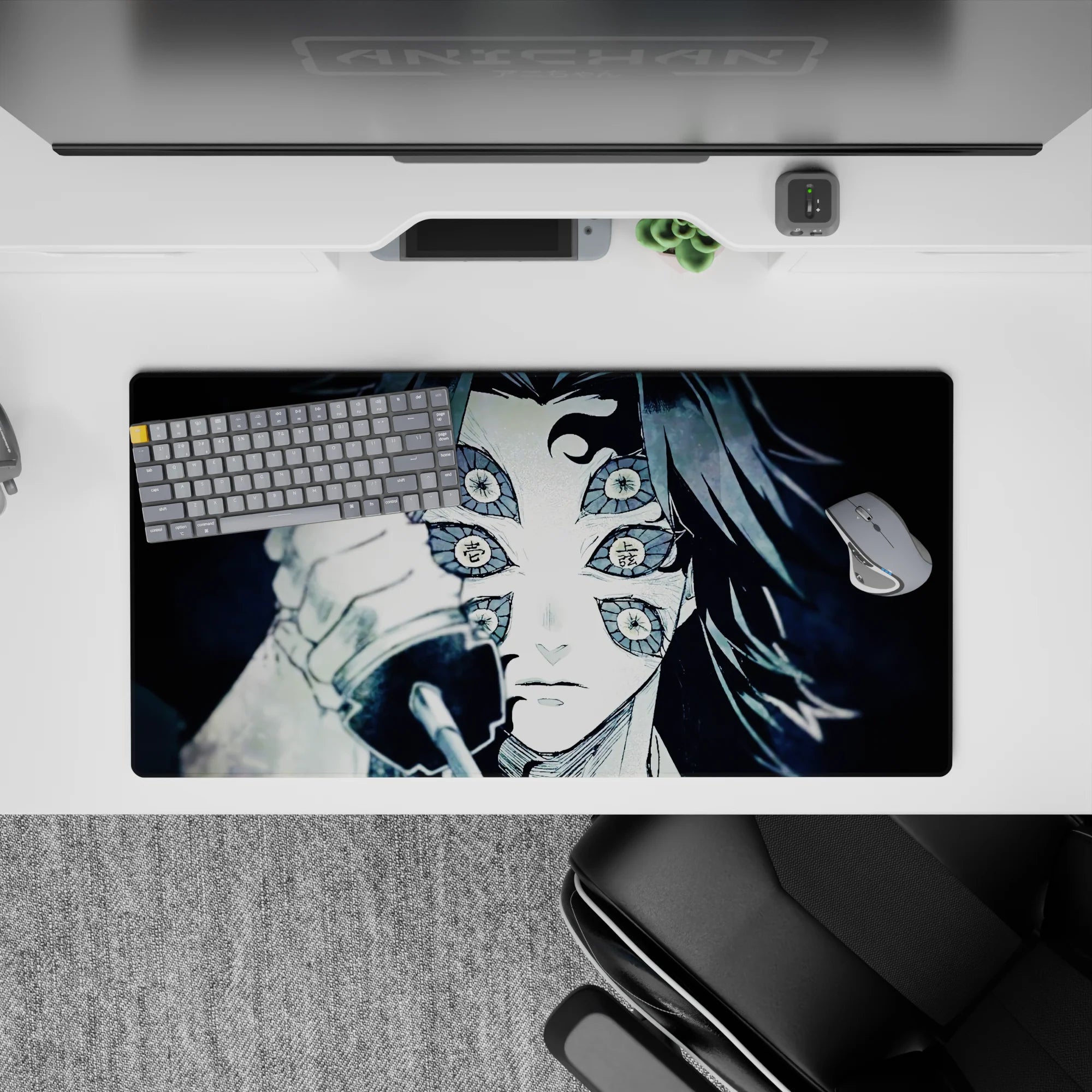 Anime mouse pad 32x16 inches featuring Demon Slayer's Upper Moon One, Kokushibo, in a chilling, monochrome design.
