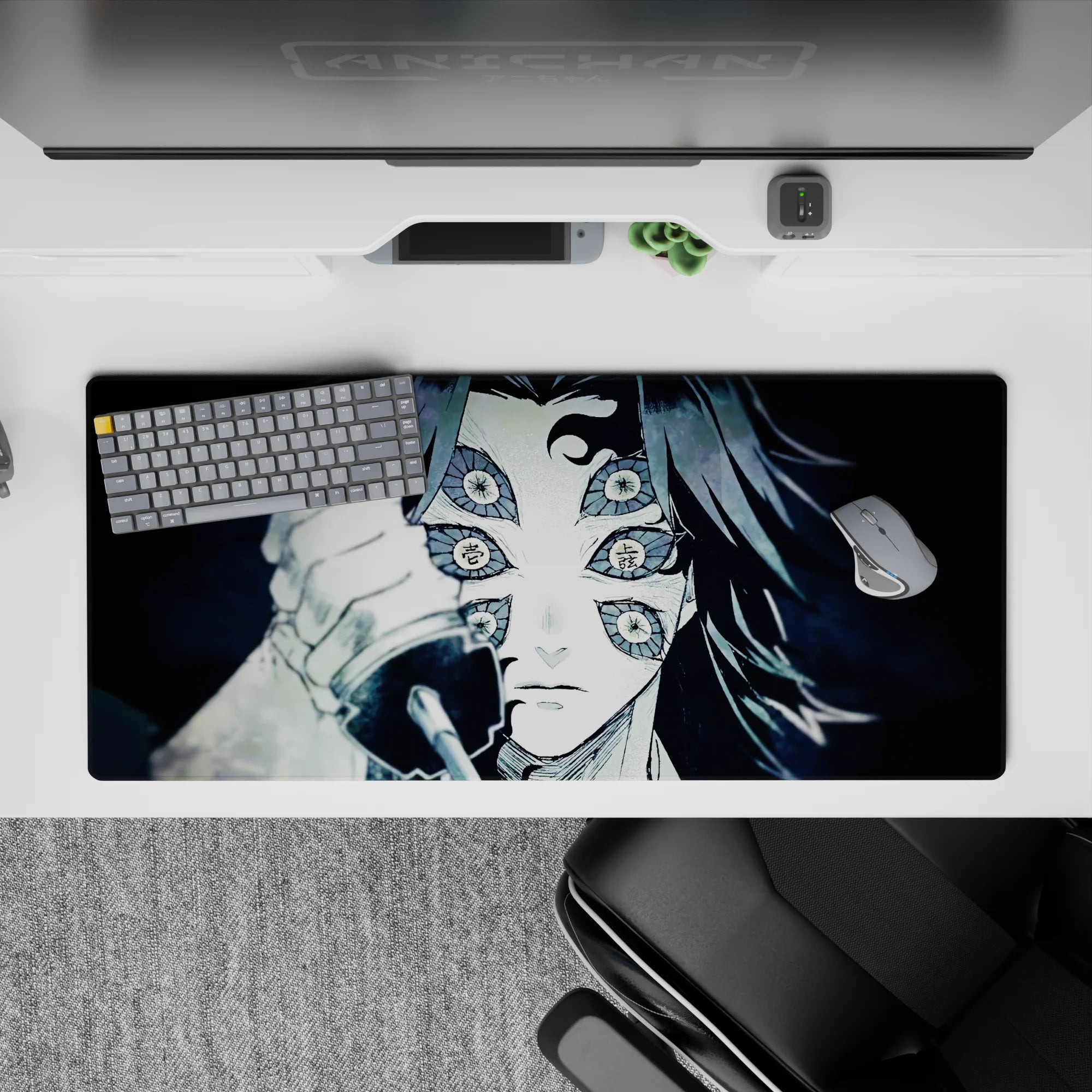 Anime desk pad 36x16 inches featuring Kokushibo from Demon Slayer, in chilling woodcut style with six eyes and drawn blade.
