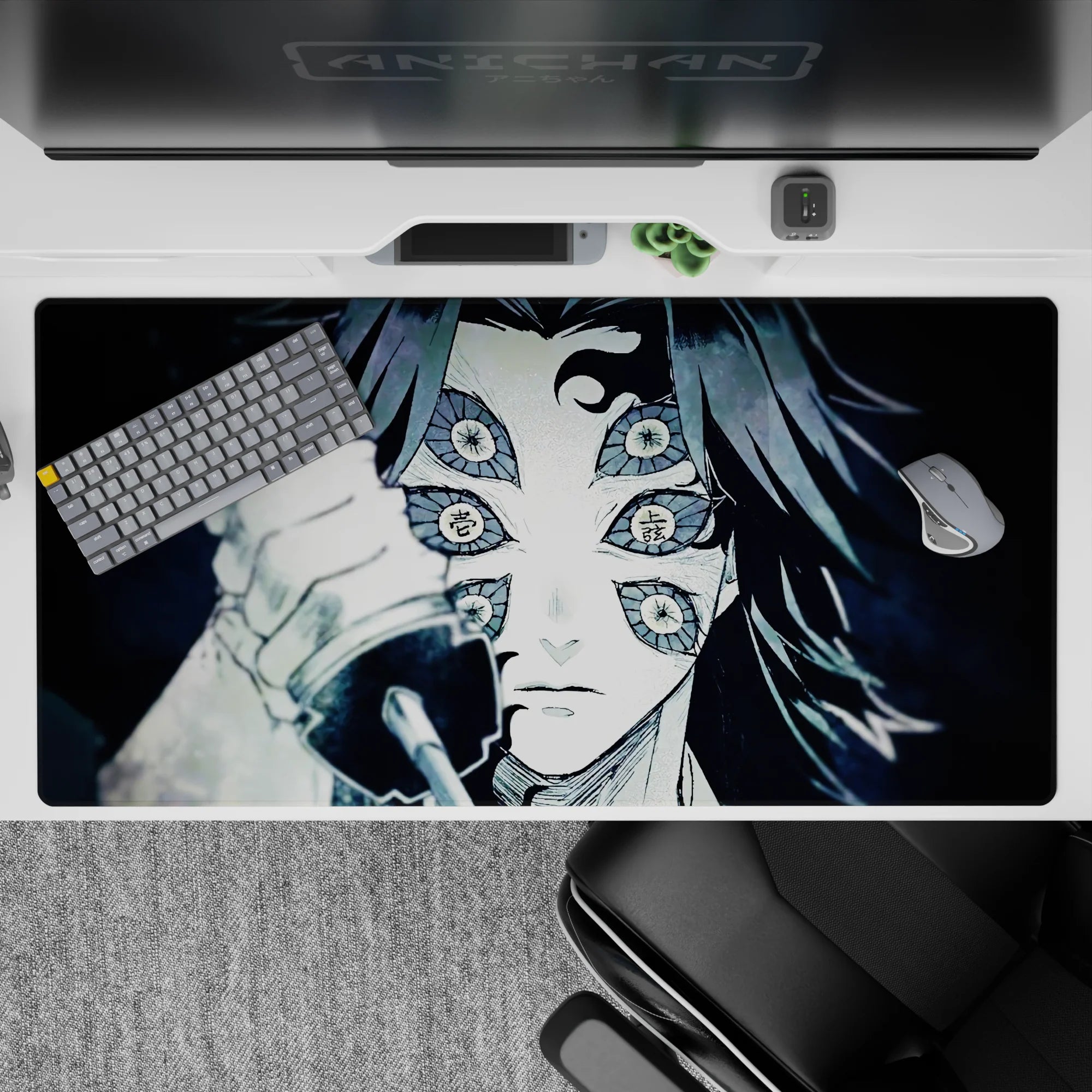 Anime desk pad 40x20 inches featuring Kokushibo from Demon Slayer. Monochrome with blue-grey highlights, six eyes drawn.