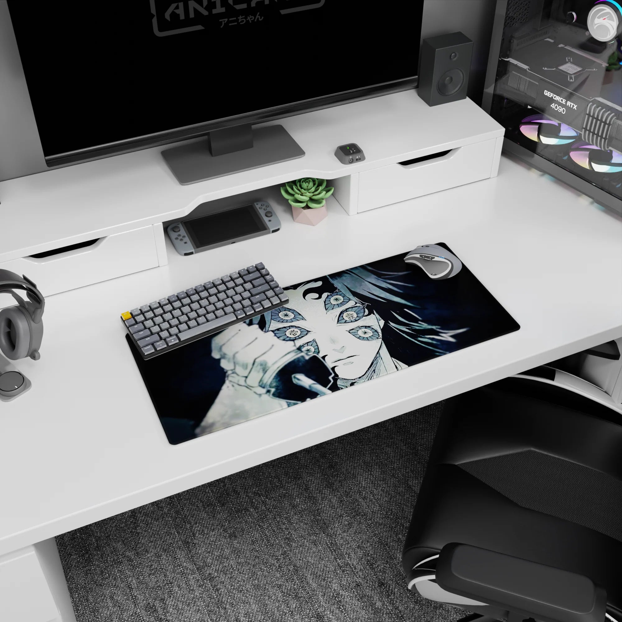 Anime mouse pad 28x12 inches featuring Upper Moon One, Kokushibo from Demon Slayer in chilling monochrome detail.