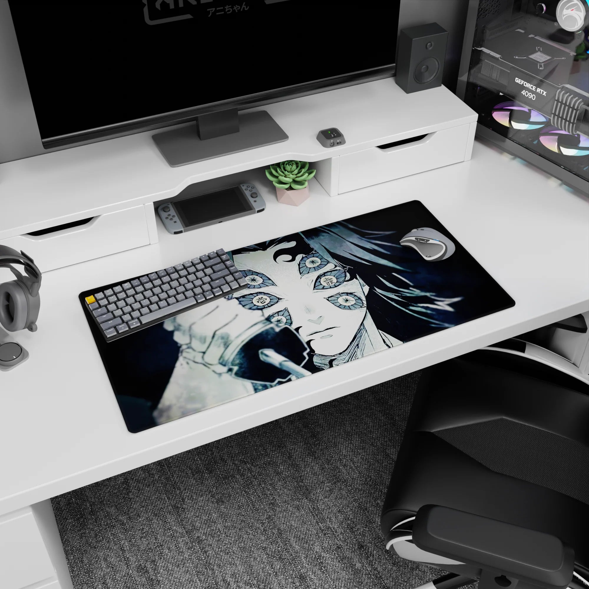 Anime mouse pad 32x16 inches featuring Upper Moon One, Kokushibo from Demon Slayer, in detailed monochrome with blue-grey highlights.