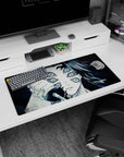 Anime mouse pad 32x16 inches featuring Upper Moon One, Kokushibo from Demon Slayer, in detailed monochrome with blue-grey highlights.