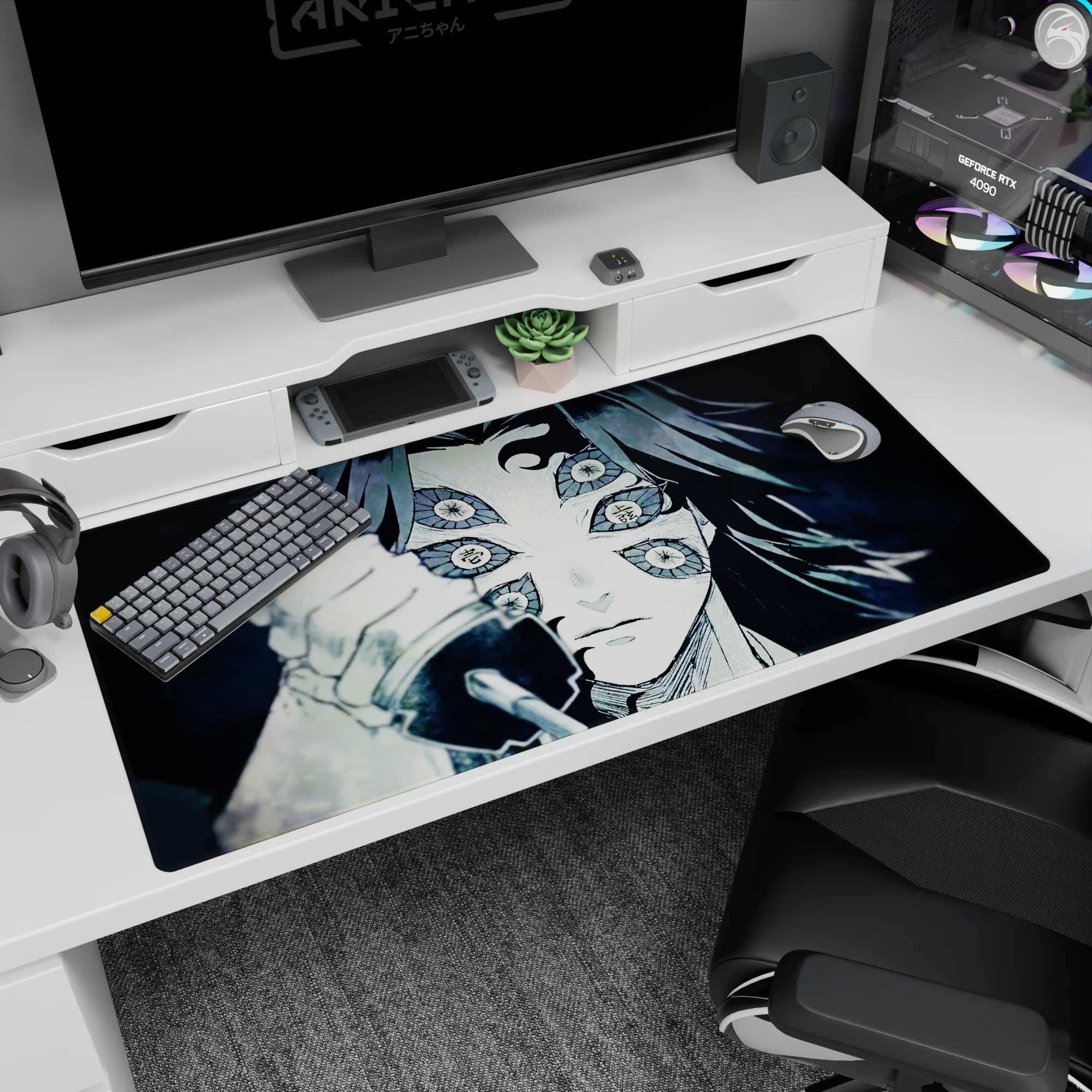 Anime desk pad 40x20 inches featuring Kokushibo from Demon Slayer, showcasing six eyes and blade in monochrome style.