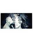 Anime mouse pad 32x16 inches featuring Kokushibo from Demon Slayer, with six eyes and a drawn blade in monochrome tones.