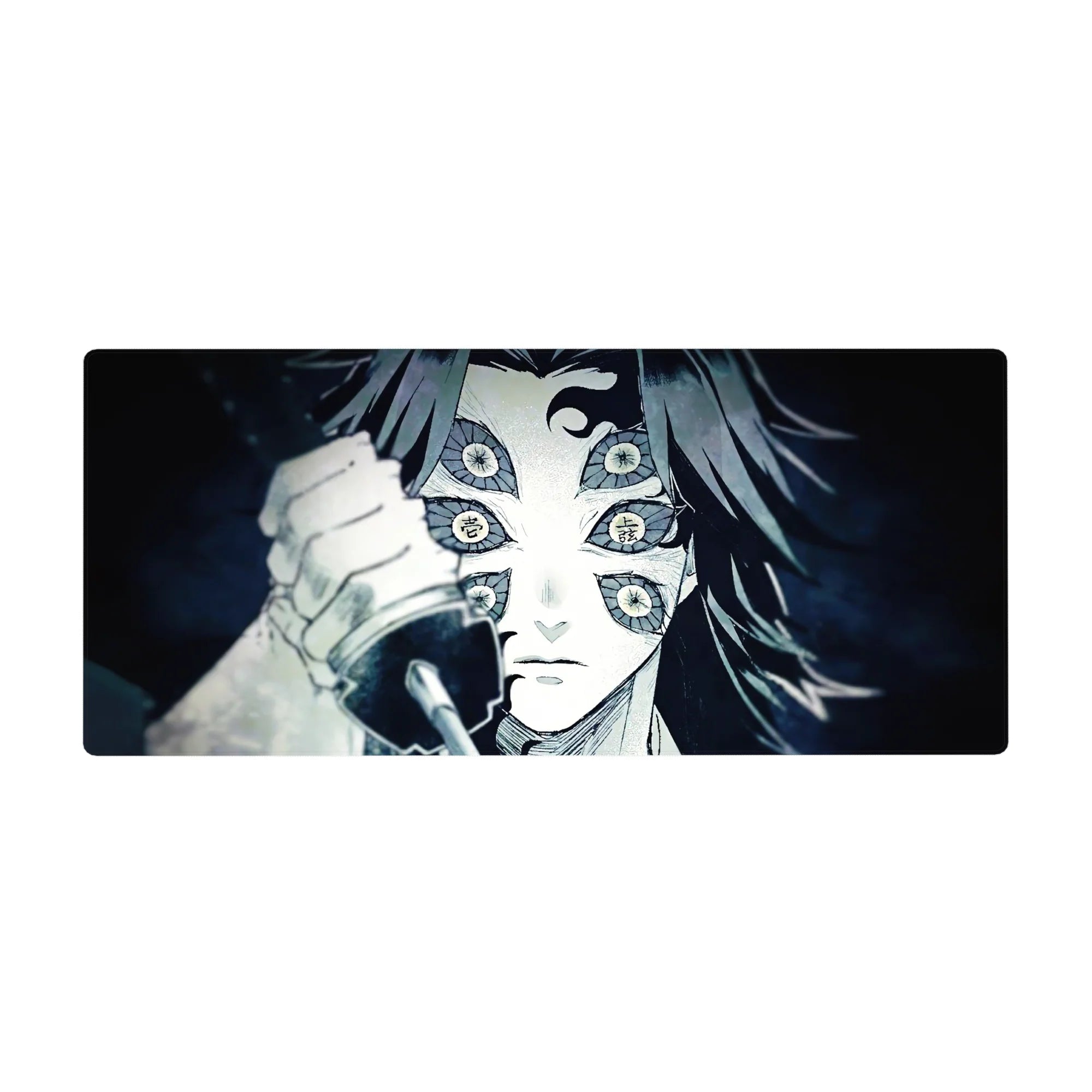 Anime mouse pad 36x16 inches featuring Kokushibo from Demon Slayer, showcasing six eyes and a drawn blade in a haunting style.
