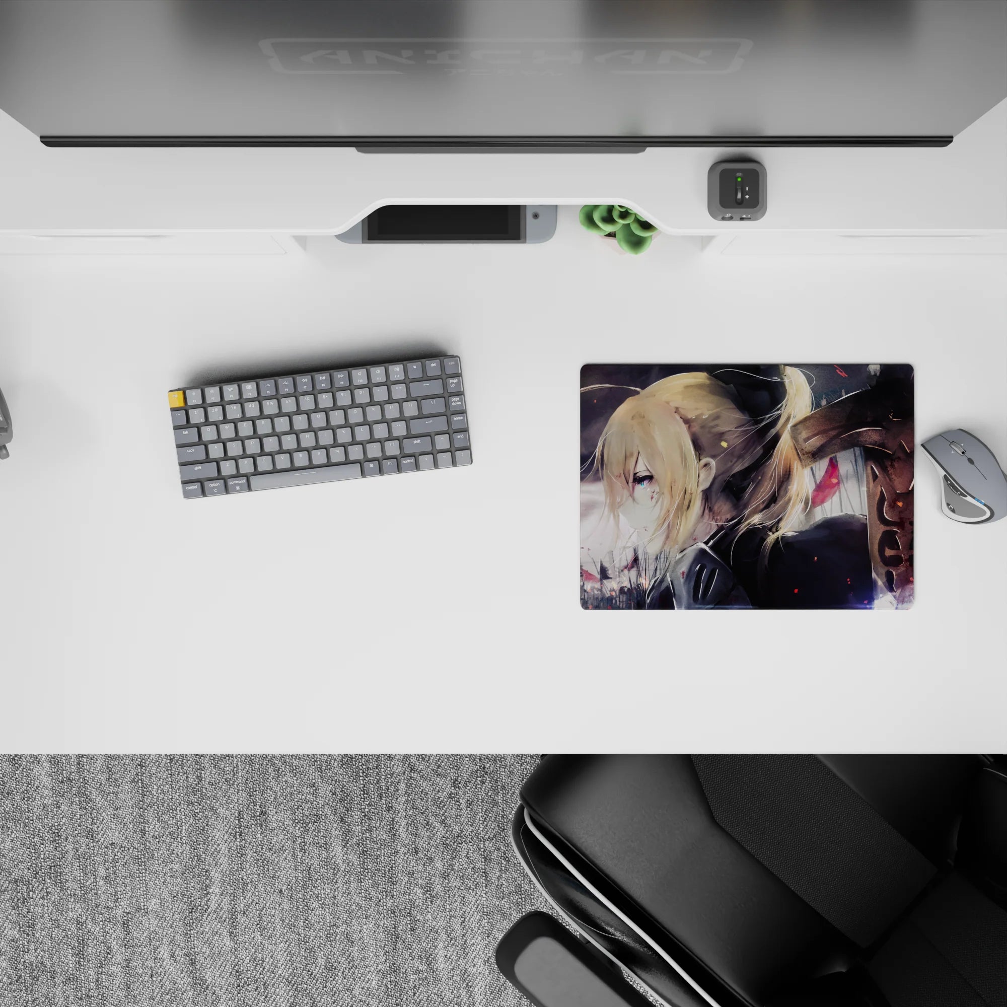 Charcoal gray and smoky purple anime girl mouse pad 14x10 inches, soft-burn sky and quiet, cozy vibe.