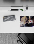 Charcoal gray and smoky purple anime girl mouse pad 14x10 inches, soft-burn sky and quiet, cozy vibe.