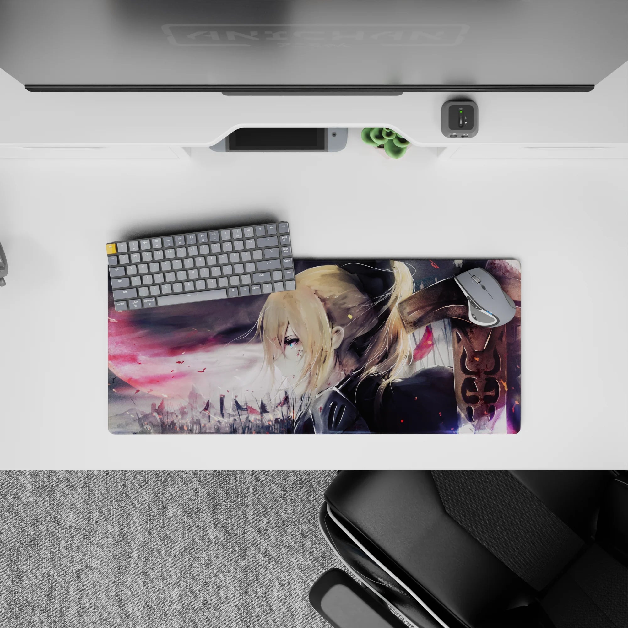 Smoky purples and charcoal gray anime desk mat with soft ember glow, 28x12 inches.