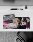 Smoky purples and charcoal gray anime desk mat with soft ember glow, 28x12 inches.