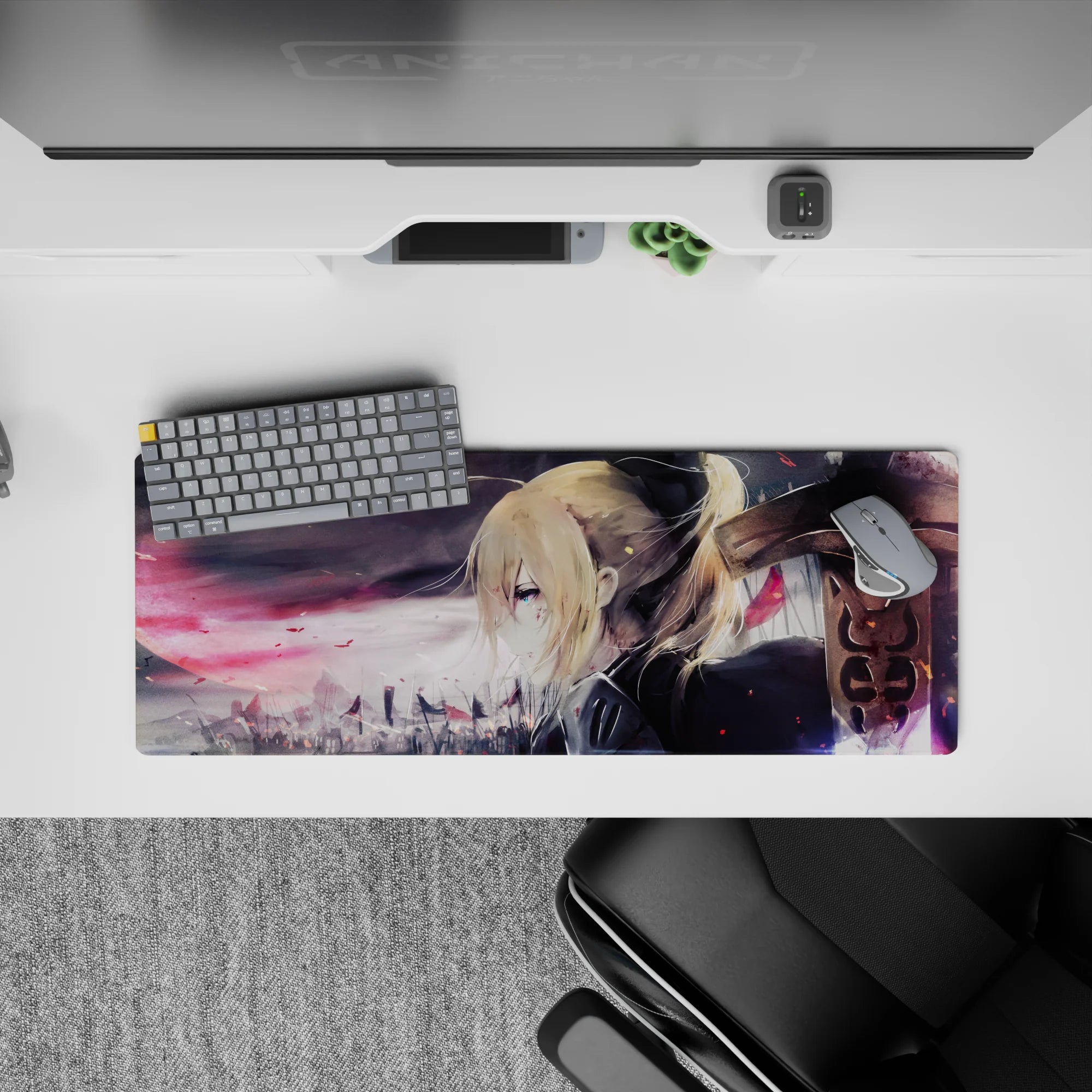 32x12 inches anime girl mouse pad in smoky purples and charcoal tones, soft gray sky, quiet dramatic mood.