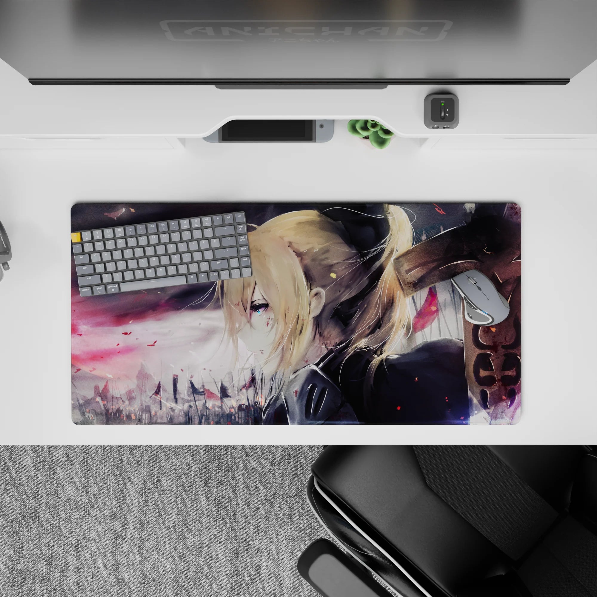 32x16 inches anime girl mouse pad in smoky purples and charcoal grays with a soft, cinematic vibe.