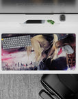 32x16 inches anime girl mouse pad in smoky purples and charcoal grays with a soft, cinematic vibe.