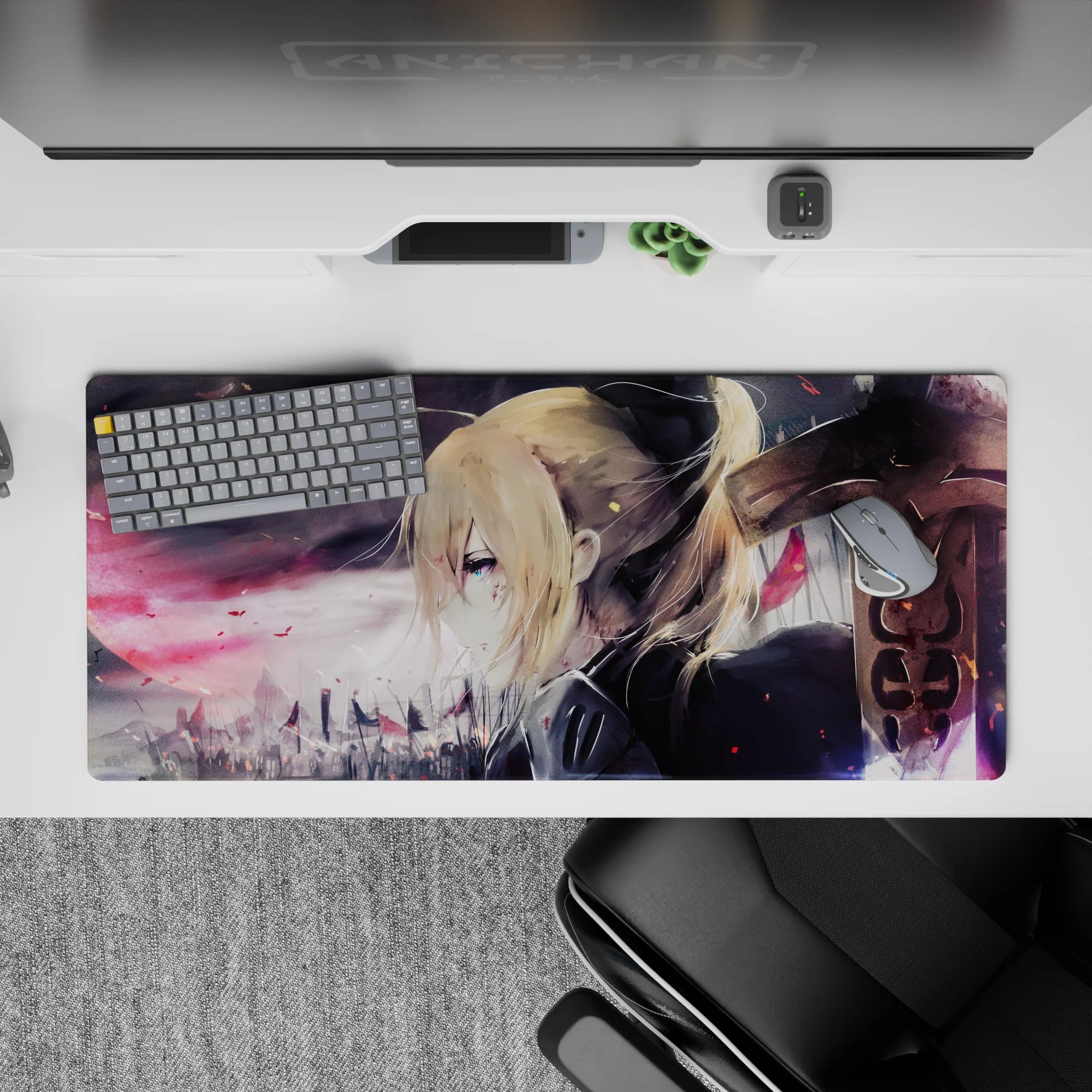 36x16 inches anime desk pad in smoky purples, charcoal grays, and soft ash tones for a cozy, dramatic vibe.