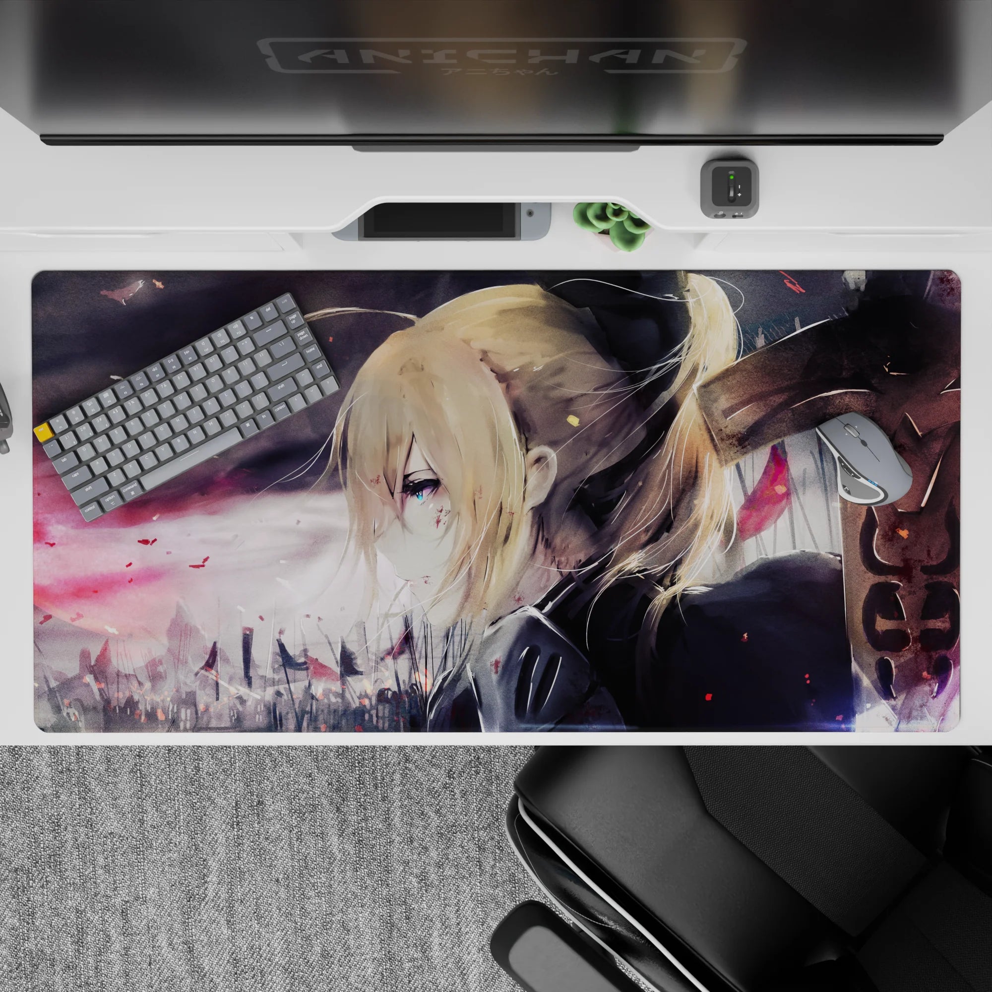 40x20 inches anime desk pad in smoky purples, charcoal grays, and soft ash tones for a quiet moody look.