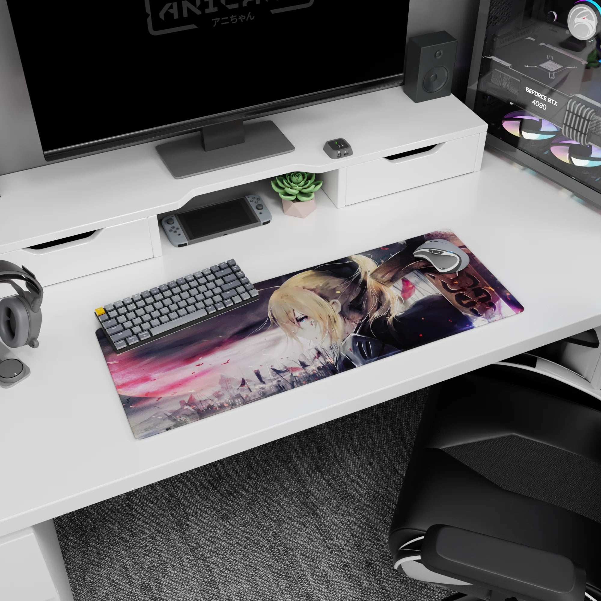 32x12 inches Violet Evergarden mouse pad, windblown hair, sharp blue eye, embers floating over the city.