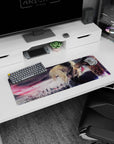 32x12 inches Violet Evergarden mouse pad, windblown hair, sharp blue eye, embers floating over the city.
