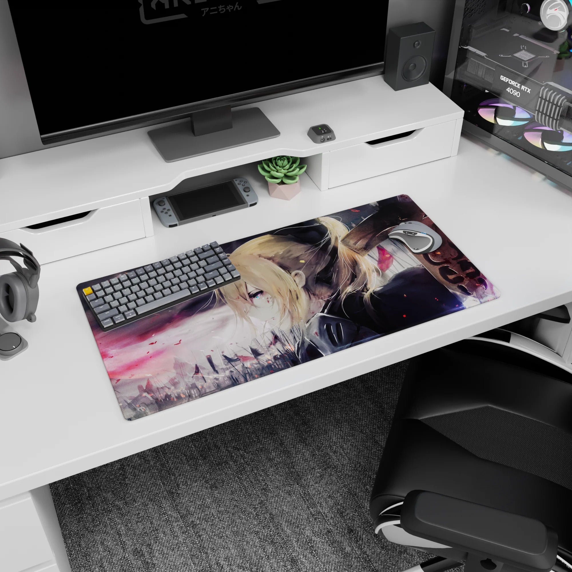 32x16 inches Violet Evergarden mouse pad with her sharp blue eye against a gray sky and falling embers.